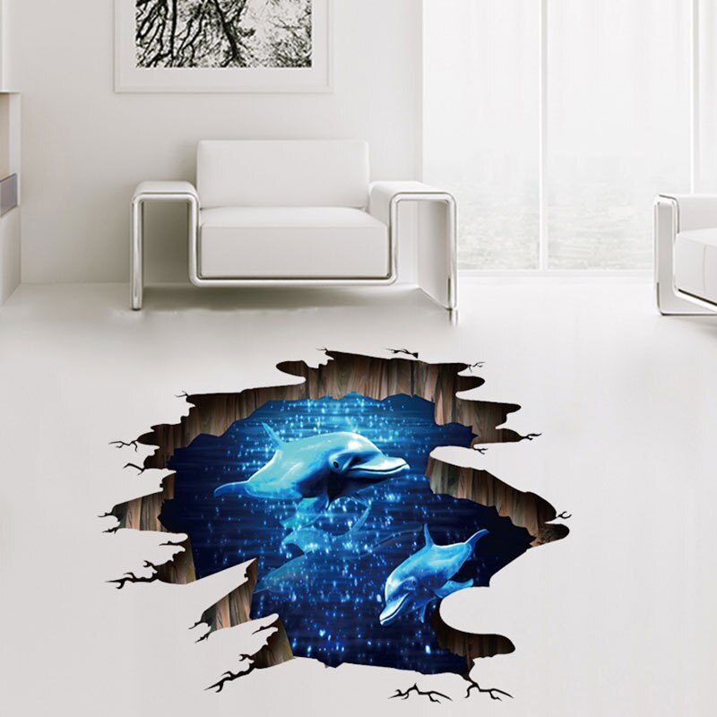 3d Diepzee Dolfijn Vis Floor Stickers Voor Slaapkamer Woonkamer Home Decoratie Diy Creatieve Muurschildering Art Pvc Decals