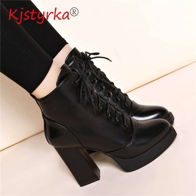Ankle Boots For Women High Heels Short Boots Women Patent Leather Lace-up Red Black Shoes Lady Large size 40