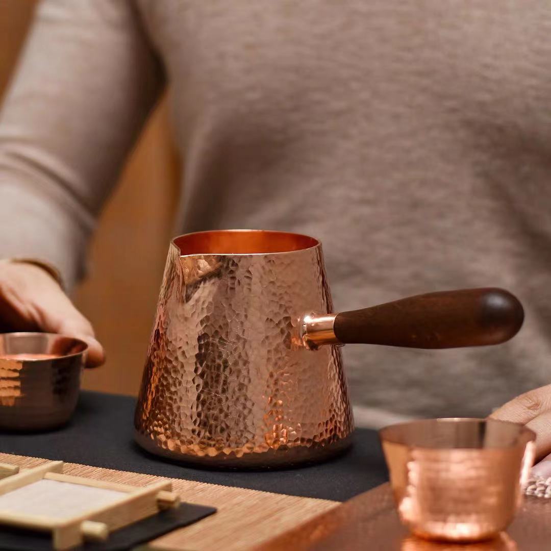 Pichet à lait en cuivre pur de 500ml, pichet à lait avec poignée en bois, bouilloires à marteau, artisanat, vaisselle