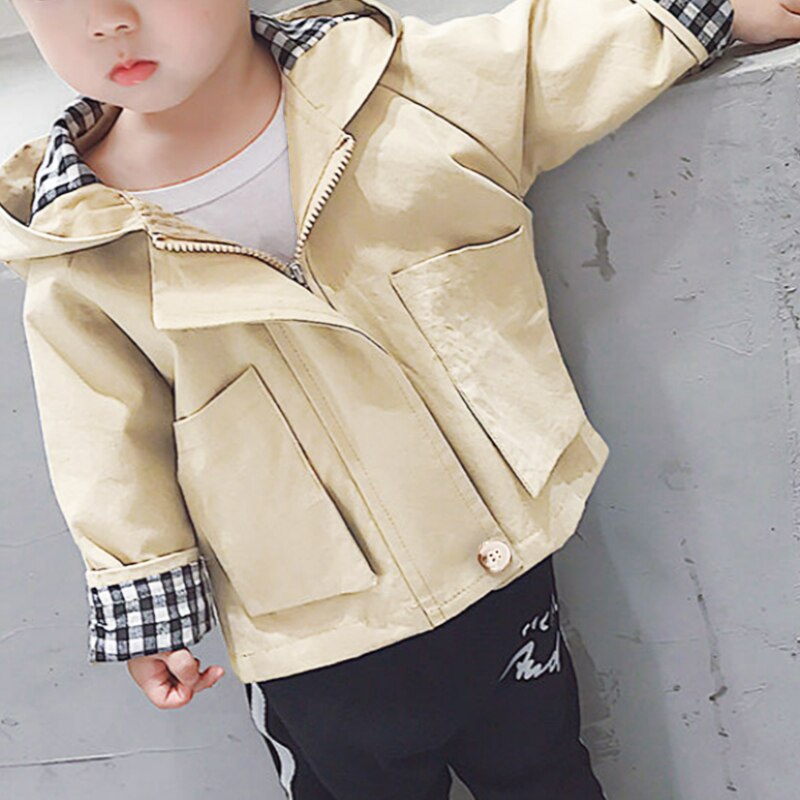 Patpat Peuter Jongen 100% Katoen Knop Plaid Gevoerd Hooded Trenchcoat