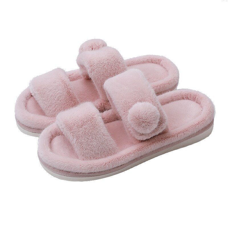 Winter Huis Effen Bont Slippers Voor Vrouwen Slaapkamer Warm Pluche Dames Platte Schoenen Comfortabele Indoor Vrouwen Furry Slipers