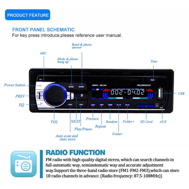 Bluetooth Car Stereo Audio In~Dash FM Aux Input Receiver SD USB MP3 Radio Player Car Radio 12V Bluetooth V2.0 JSD520: Default Title