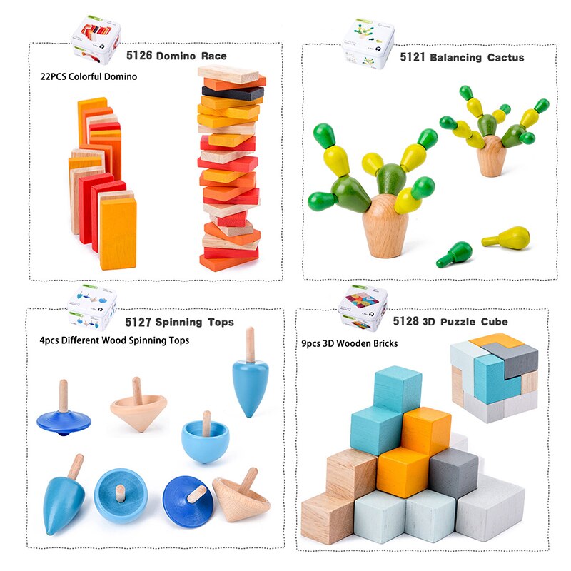 Baby Kids Cognitie Puzzels Speelgoed Peuter Ijzeren Doos Matching Game 3D Houten Puzzel Domino Gyro Sets Voor Kinderen Cognitieve