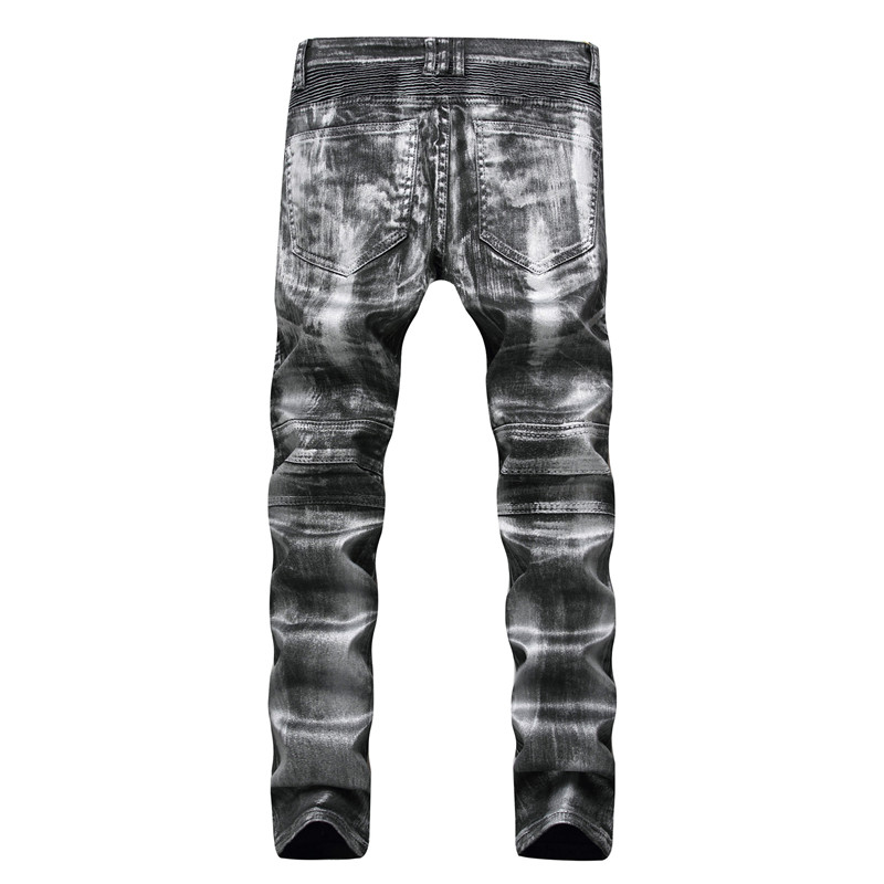 Men's Biker Jeans Pants Print Gold Silver Coated Slim Skinny Denim Trousers For Male Pleated Trousers Plus Size 40