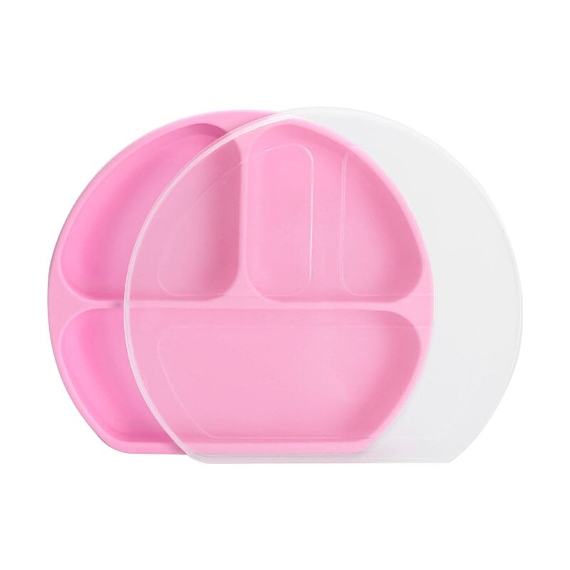Plato de bebé de silicona de grado alimenticio plato de agarre de Base de succión dividido rosa con tapa R2JF
