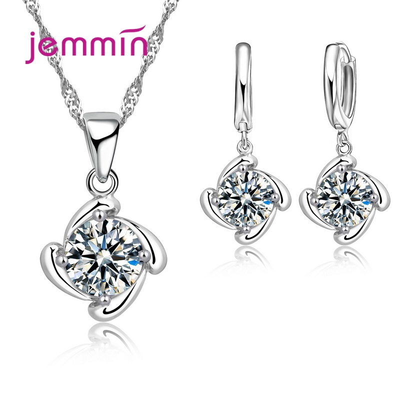 925 Sterling Silver Trendy Crystal Pendant Necklace Earrings Jewelry Set For Women Girls Wedding Engagement Jewelry: Cyan
