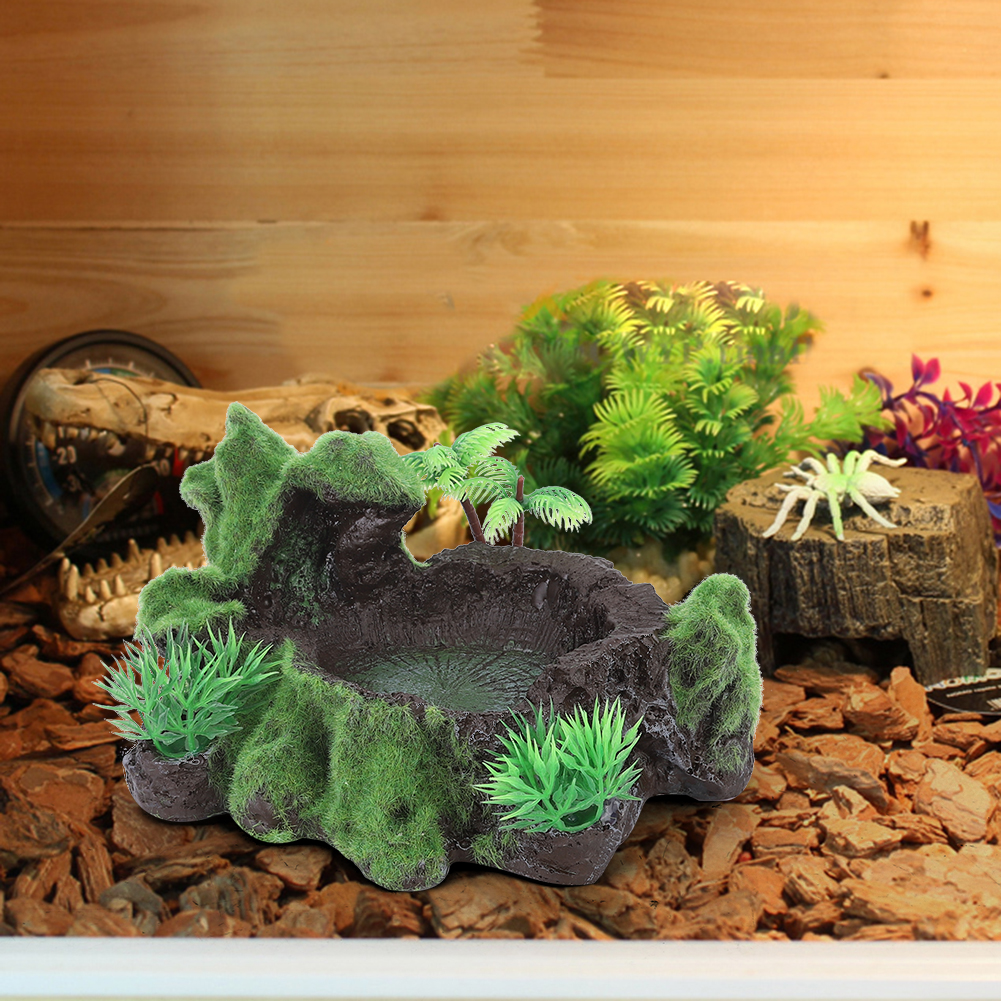 Planta de simulación de resina ZR-012, pecera reptil lagarto, cuenco de alimentación, alimentador de agua para comida de tortuga, adecuado para reptiles pequeños