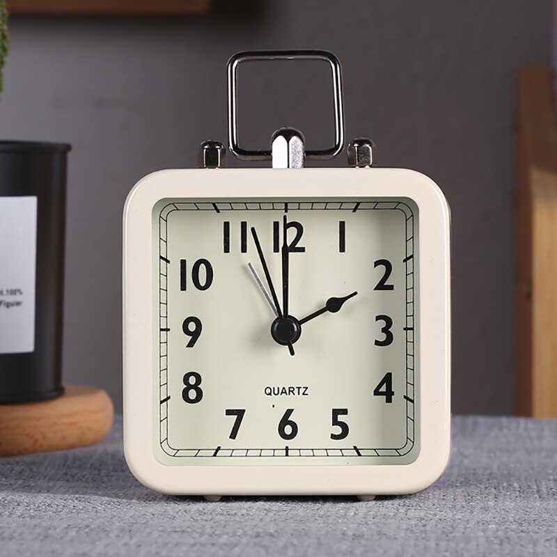 alarm clock retro silent hands clock metal simple alarm clock with light bedside home decor: white