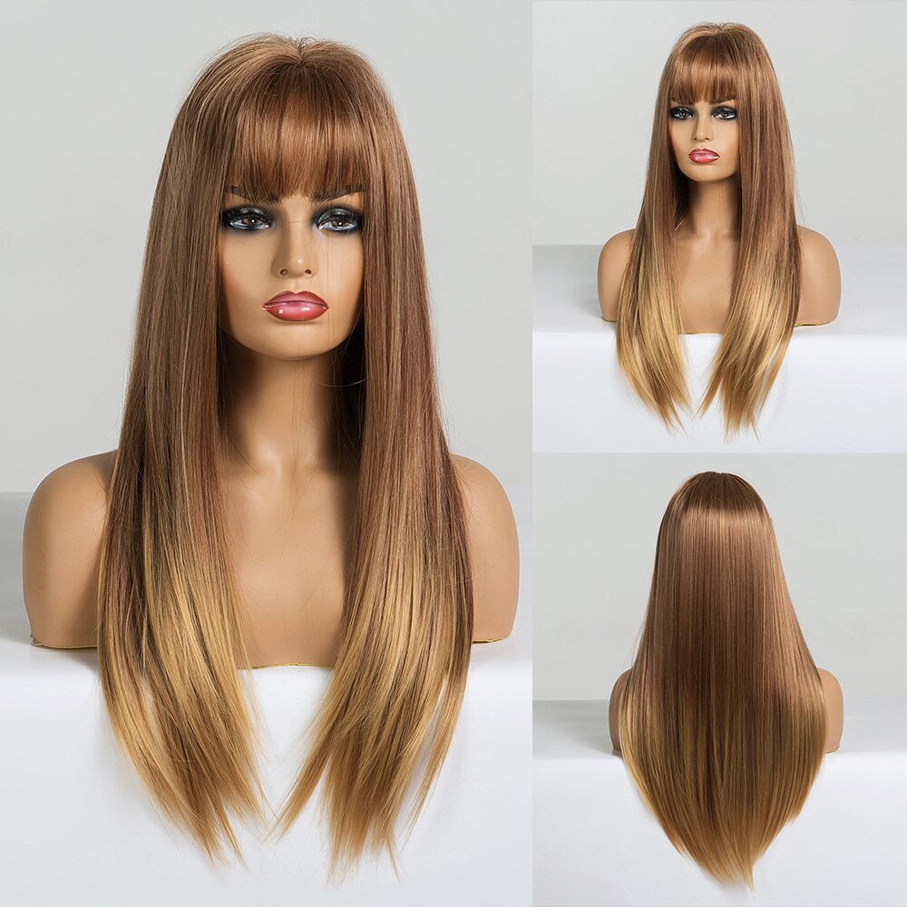 EASIHAIR, pelucas largas rectas de color negro a marrón con flequillo, pelucas sintéticas de pelo Natural, pelucas de Cosplay diarias, resistentes al calor: lc223-1