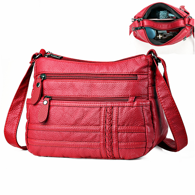 Women Bag Washed Pu Soft Leather Shoulder Bag Multi-layer Crossbody Bags Small Bag Brand Red Handbag Purse