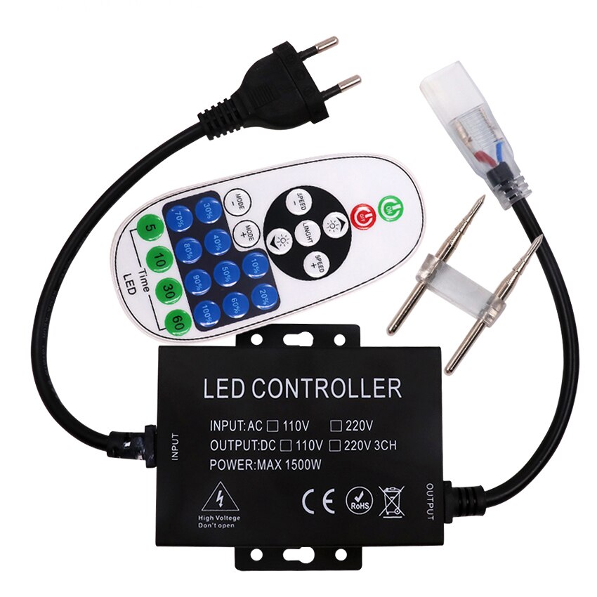 1500W Dimmer Controller with 23key Wireless RF Remote US 110V EU UK AU 220V For Single Color LED Strip 5050 2835 5730