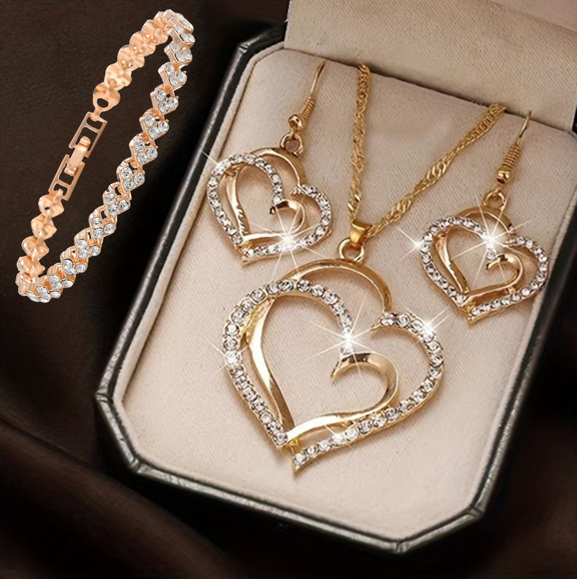 3 Pcs Set Heart Shaped Jewelry Set Of Earrings Pendant Necklace For Women Exquisite Rhinestone Double Heart Jewelry Set: Pure Gold Color