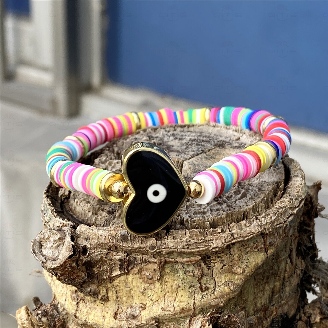 Boho boze oog armband polymeer klei afrikaanse armbanden meisje heishi schijf kralen ojo turco vrouwen koppels armband: Zwart / 17cm