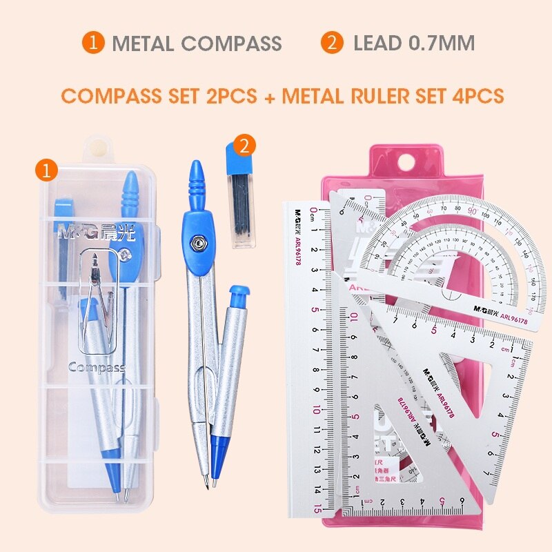 M&G Aluminium Metal Geometry Ruler Set Maths pencil stationery triangular Rulers Protractor Students for School Office Supplies: Set 2 Pink