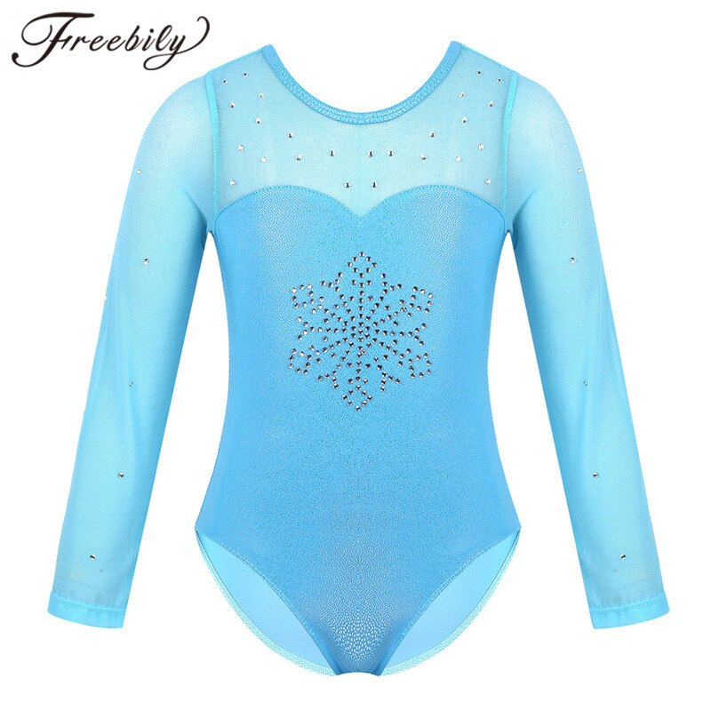 Strass barn flickor gymnastik trikå långa ärmar gnistrande snöflinga tyll skarv balett dans trikå jumpsuit bodysuits