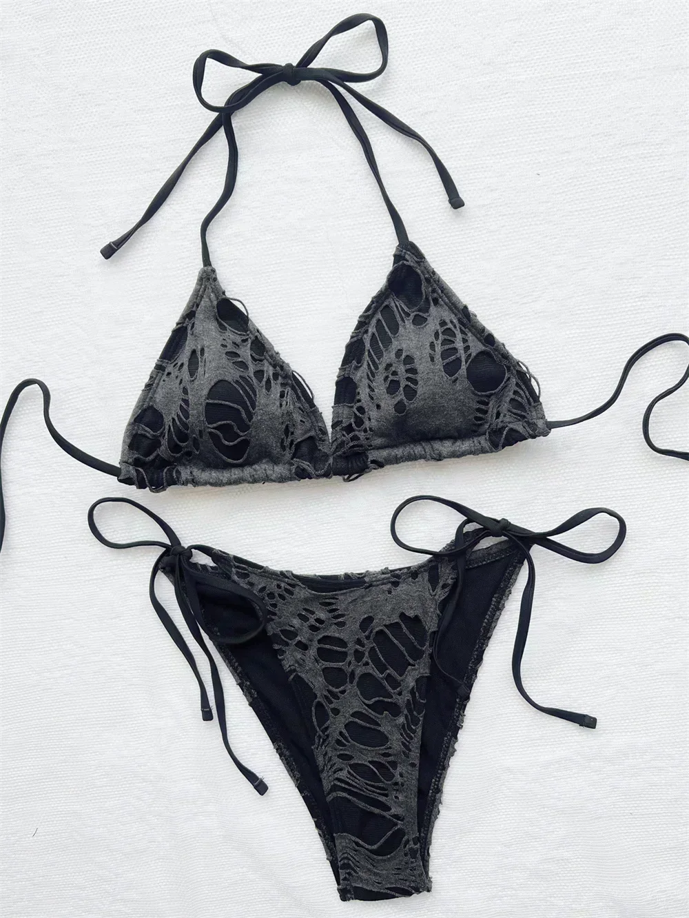 Bañador gótico Grunge para mujer, Micro Bikini desgastado Y2K, trajes de baño Halter con tirantes y cordones, tendencia Punk, novedad de 2023.traje de baño con faja reductora,vestidos de baño mujer envio gratis,tangas: L / Beige
