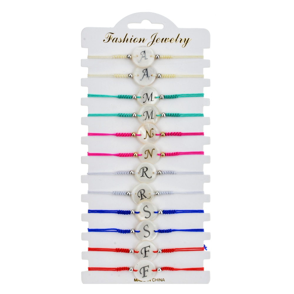 12 pièces/lot cristal coquille tressée corde Bracelet ensemble à la main réglable lettre perles Bracelets pour femmes filles enfants manchette bijoux