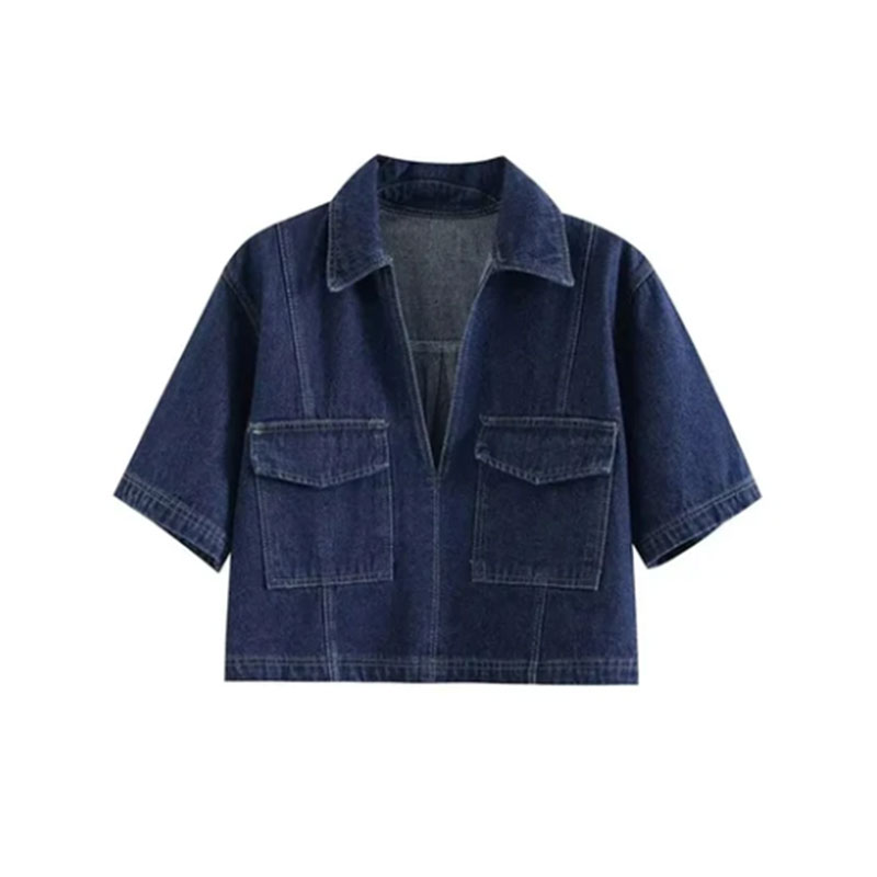 Sommer denim todelt sæt korte ærmer lommer dame top mini nederdel shorts afslappet dame 2 sæt  y2k: S / Sort