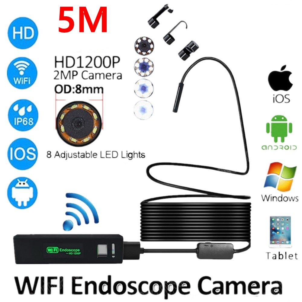 Cámara endoscópica de 2/5/10M WIFI HD 1200P 8mm 8 LED Mini impermeable Cable duro cámara de inspección boroscopio para Iphone PC IOS