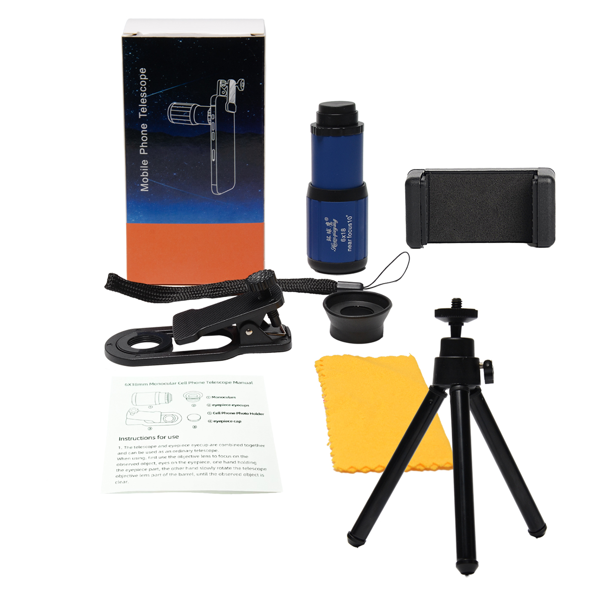 HD 6X Telefonobjektiv Kamera Telezoom Monokular Teleskop Teleskopfokus Kompaktes Min-Objektiv + SelfieTripod für alle Smartphones: Gold