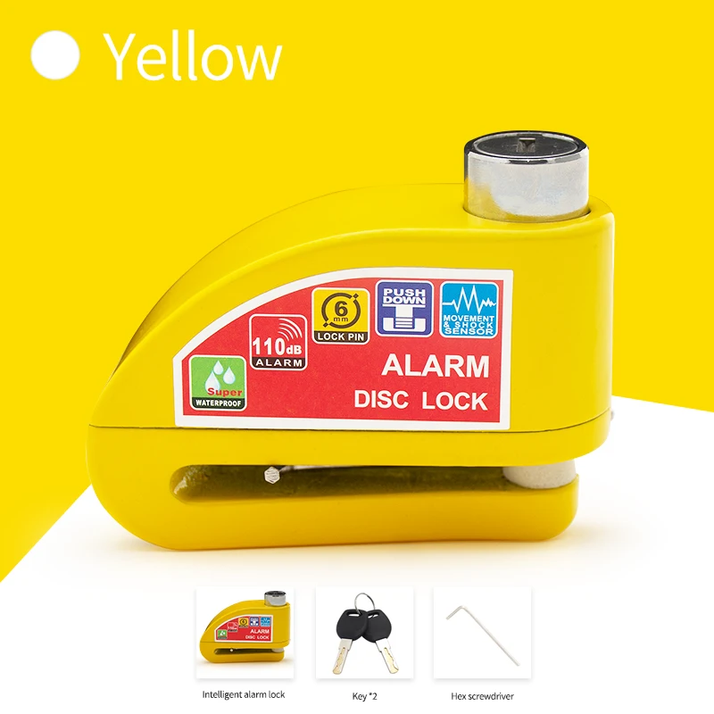 Blocco allarme bicicletta scooter moto freno a disco ruota antifurto impermeabile blocco freno di sicurezza in lega di alluminio accessori moto: YELLOW