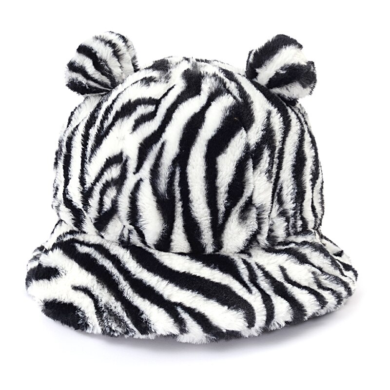 Vinter leopard bjørn øre spand hat kvinder tyk varm imiteret pels fiskekasketter bob piger plys blød panama vinter hat: Zebra øre 1