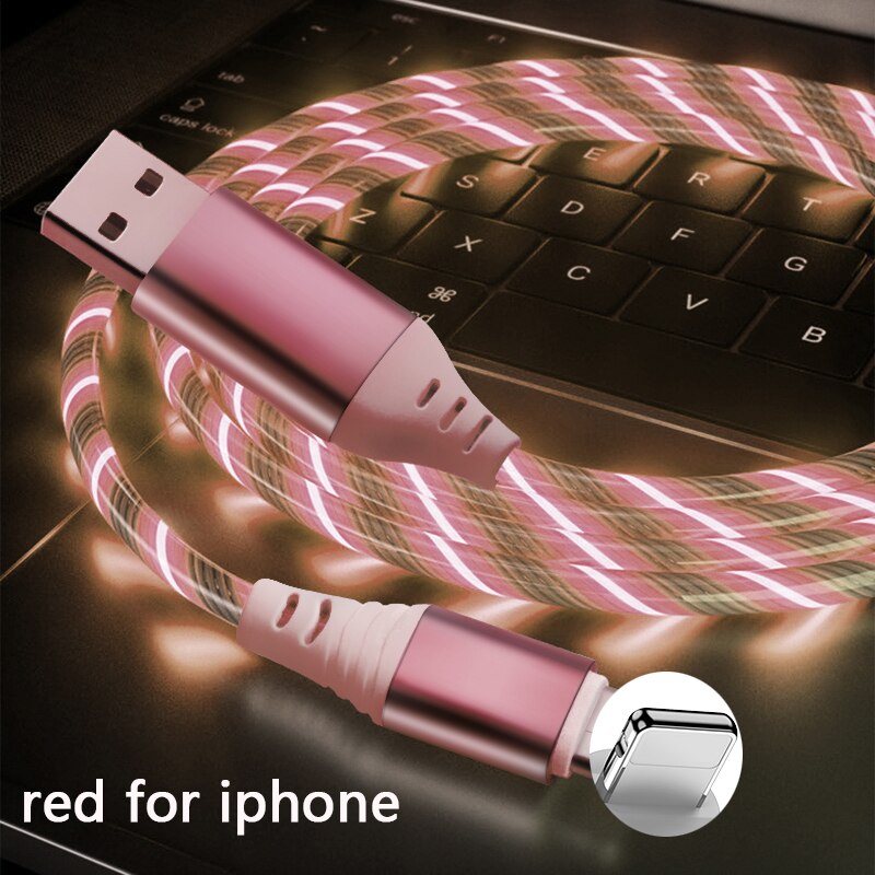 1m usb phone charging cable flowing light charging cord led wire for micro usb type c Illuminated Fast charger: RED  for iphone