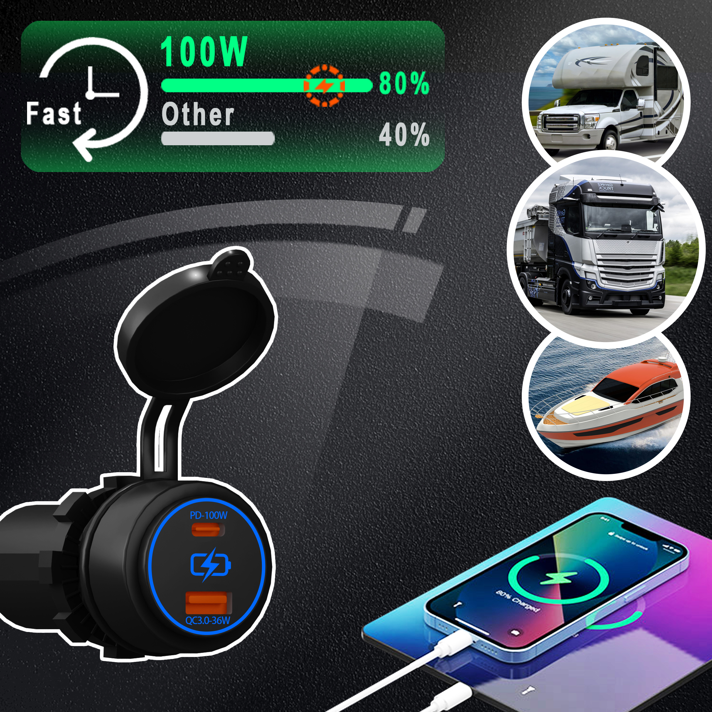 PD 100W snellader en QC 3.0 snelle voeding met blauwe LED dubbele USB autoladeradapter voor auto marine vrachtwagen camper waterdicht
