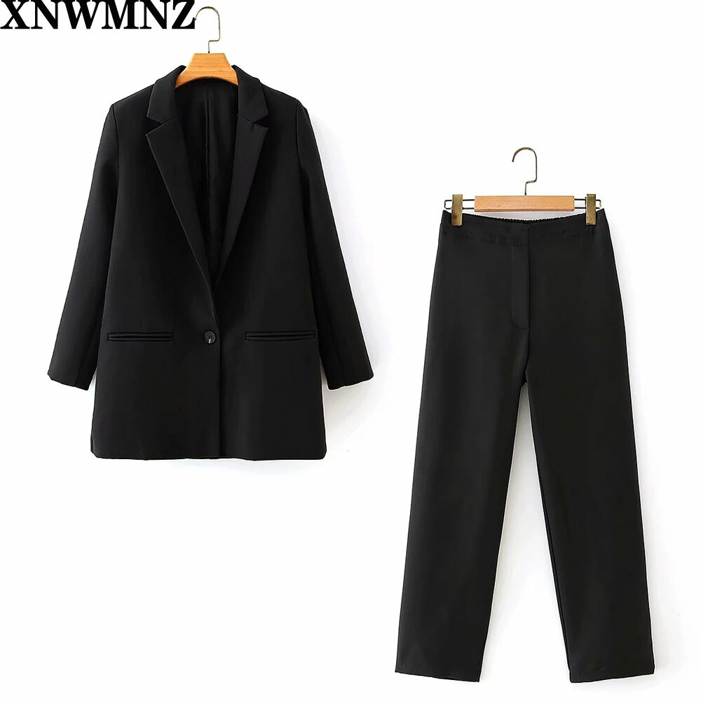 Za efterår kvinder buksedragter grøn enkelt knap blazer jakke+lynlås bukser kontor damer passer todelt sæt kvindelig outwear: Sort / M