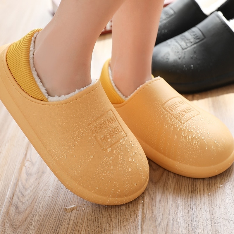 Waterproof Winter Cotton Slippers Female Home Household Warm Women Shoes Indoor Out Leather Bread With Moon Cotton Shoes