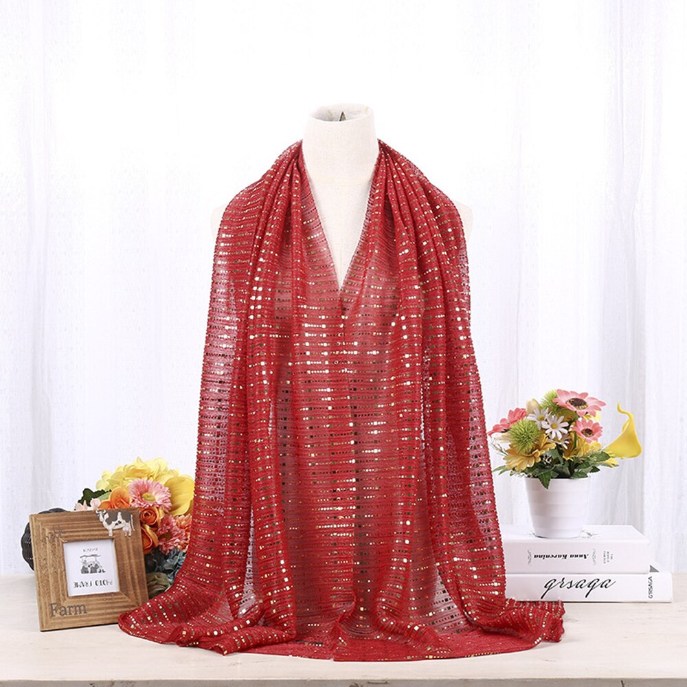 Jedwabny szalik cekinowy pałąk muzułmanie turban moda szalik góra wiosna jesień szale popularny styl malezja szyfon Hijabs: 035 czerwony
