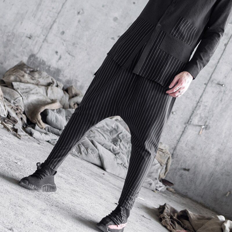 Heren punk stijl los overhemd met staande kraag, gesplitste strepen en lange mouwen, casual overhemd: Hijgen / M