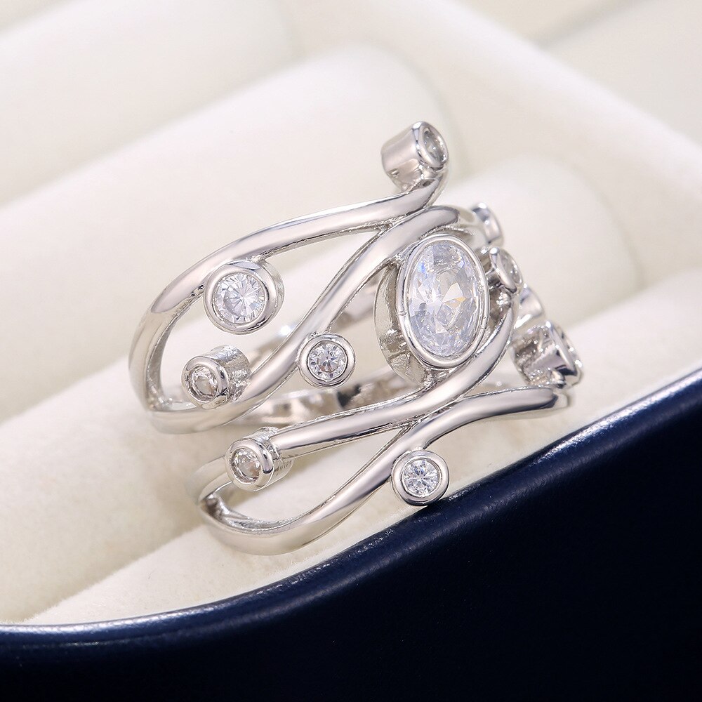 Luxo feminino anel de pedra de cristal branco clássico cor prata casamento grandes anéis para as mulheres na moda oco geométrico anel de noivado