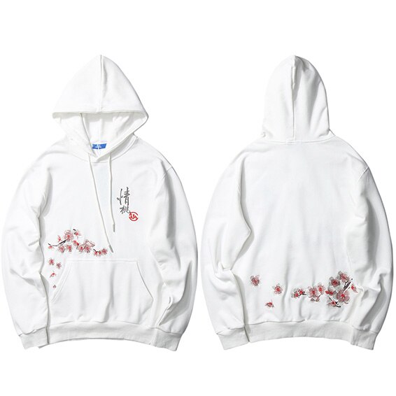 Hip Hop Men Streetwear Hoodie Chinese Kanji Peach Blossom Embroidery Sweatshirt Autumn Casual Floral Hooded Pullover Black: A448133 White / Asian XXL