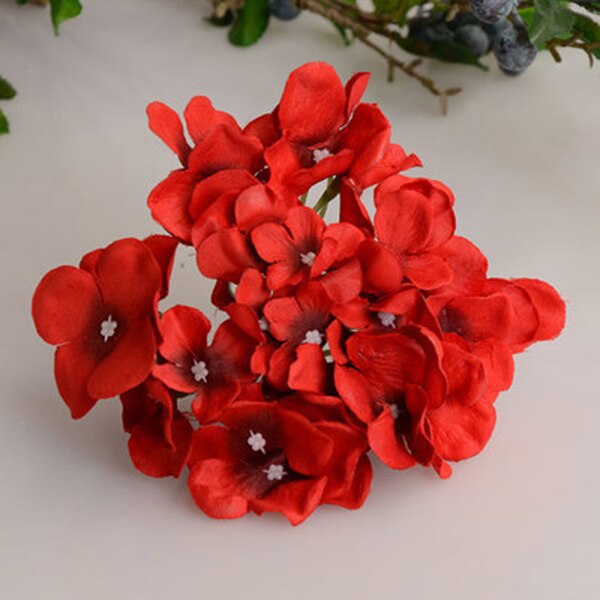 Flores artificiais da seda da flor do buquê da hortênsia com haste livre para o presente da decoração do casamento da casa jan88: Red