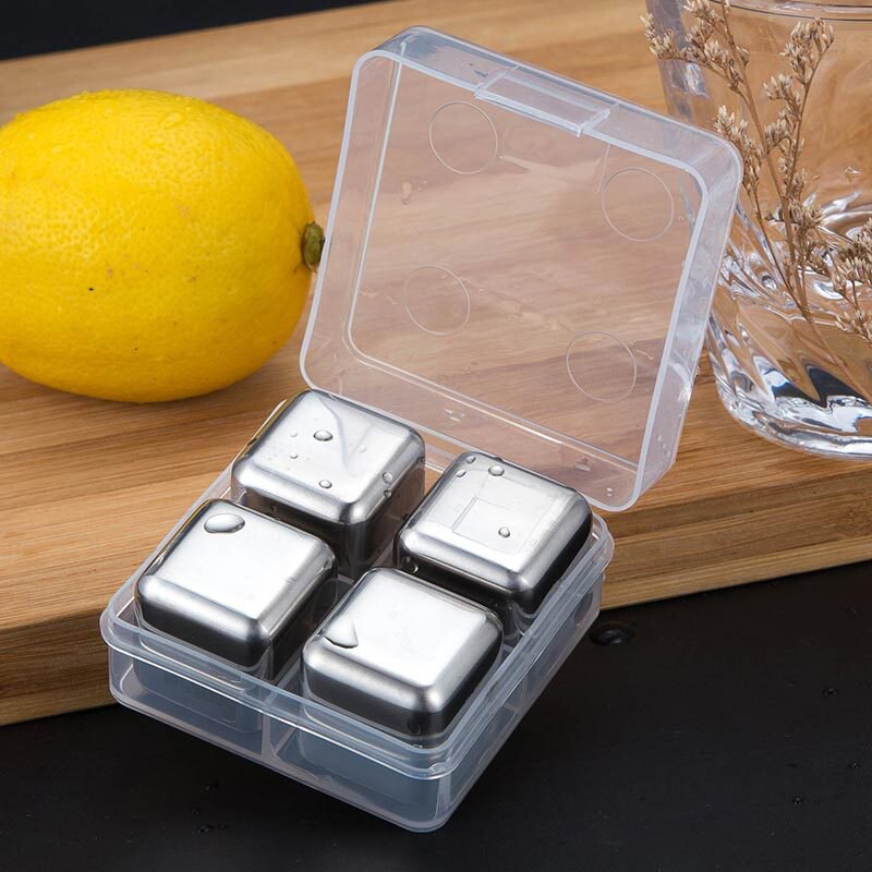 Juego de cubitos de hielo de piedras para Whisky, Cubo de enfriamiento de vino de acero inoxidable de grado alimenticio reutilizable, herramienta de Bar para , cubo de hielo inoxidable: 4Pcs