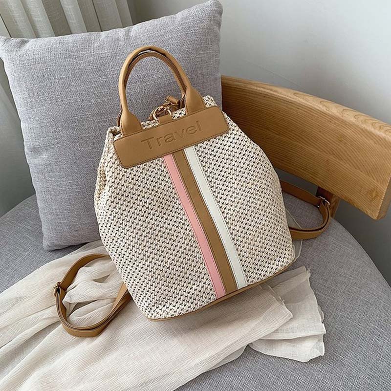 Vintage Straw Bag Bucket Rattan Bags Handmade Summer Bags Woven Beach Ladies Shoulder Bag Bohemia Girls Travel Handbags: Khaki