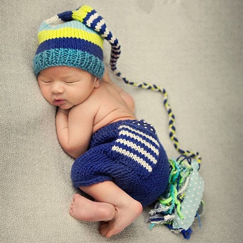 Baby Knit Crochet Costume Blue Striped Soft Set Hand Knit Long Tail Hat Cute Shower
