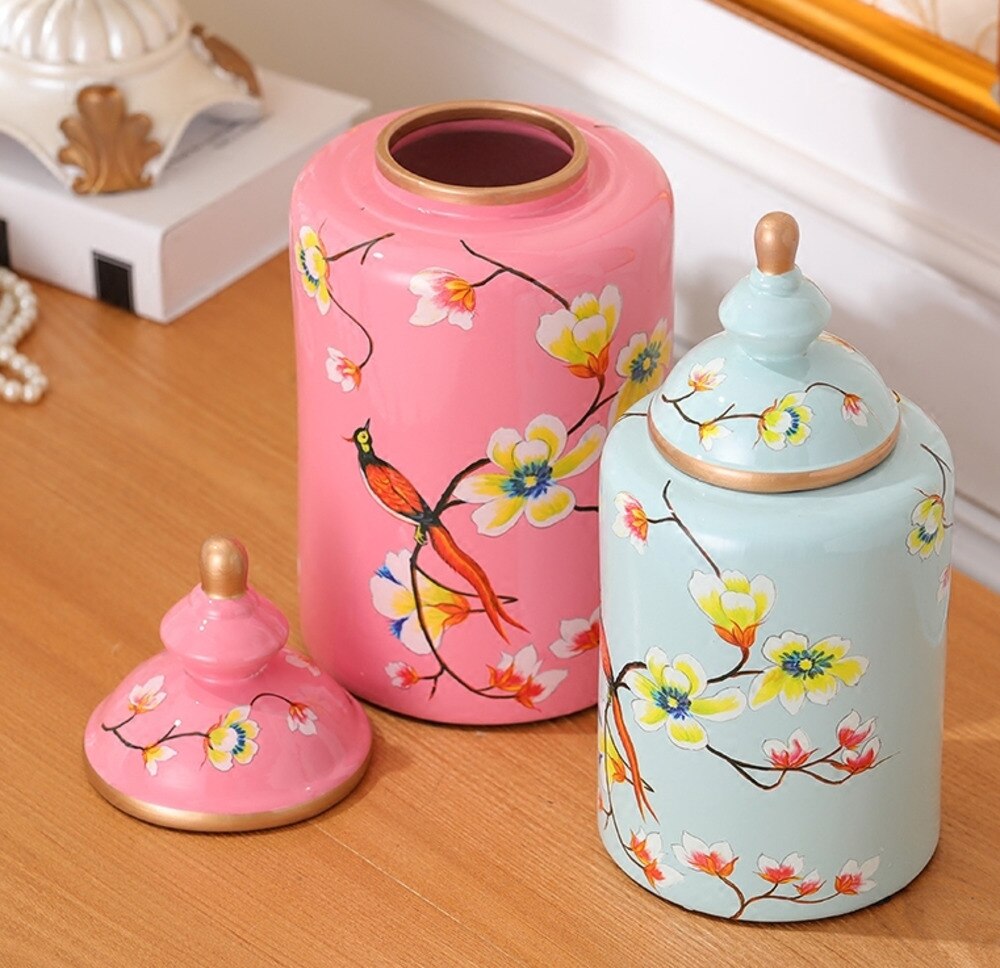 Jarrón de cerámica pintado de flores y pájaros, jarrones clásicos, tarro de caramelo antiguo, tarros de almacenamiento de porcelana multiusos, decoración Vintage para el hogar