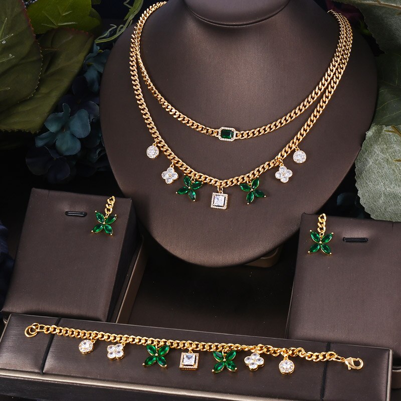 • Set di gioielli completi di zirconi nuziali per feste da donna, set di gioielli da sposa in cristallo di lusso Dubai Nigeria CZ: leaf earrings