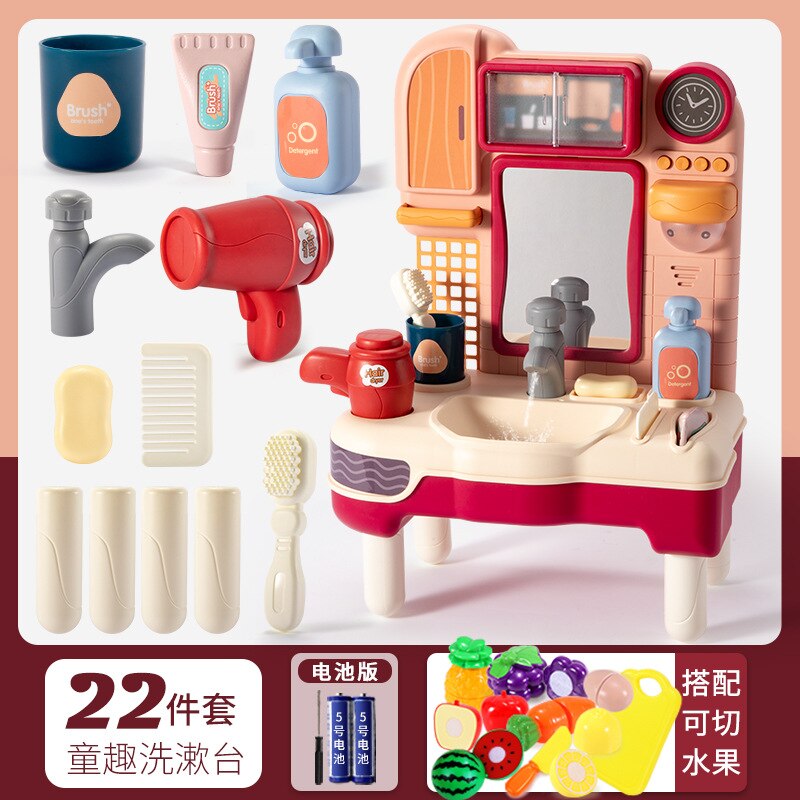 Kinderen Spelen Huis Wastafel Emulate Toy Meisje Leuke Jurk Up Tandenborstel Set Wastafel Simulatie Scène: Childlike Washbasin  Red  Battery Edition   Fruit 9 Pieces