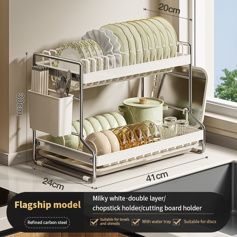 Kök rostsäker diskställ kökshylla skrivbord disk skålar tallrik bestick kastrulllock ställ organisatör 2- nivåer kompakt: Ljusgrå