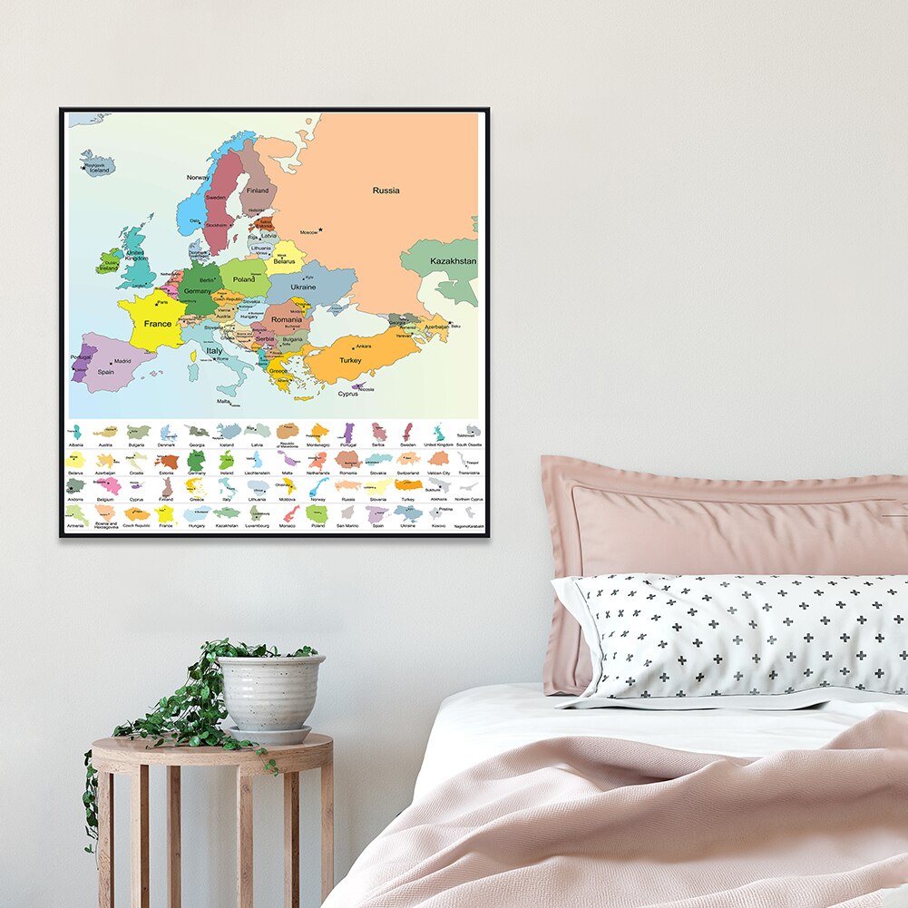 60*60cm The Europe Political Map Canvas Painting Wall Art Poster and Prints Classroom Home Decoration Children School Supplies