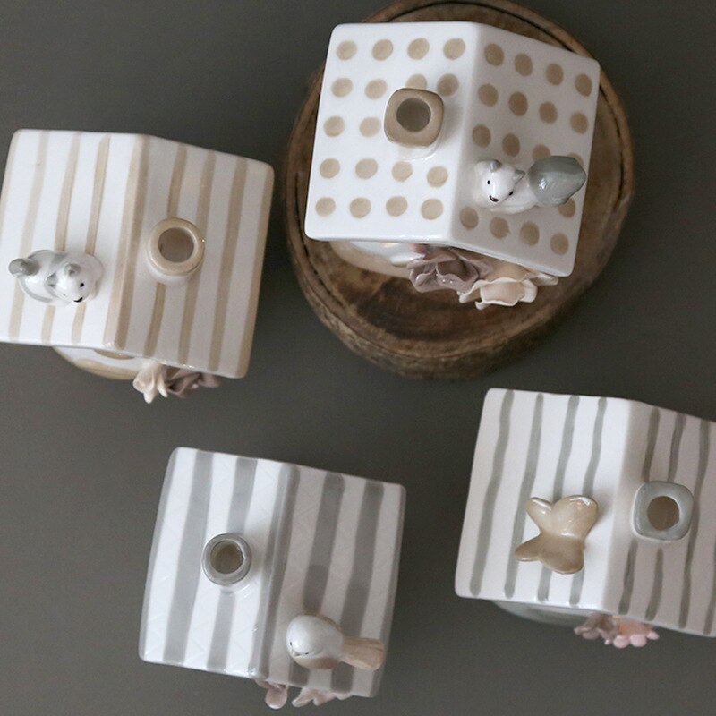 European Cartoon Animal Small House LED Candlestick Ceramics Led Candle Craft Birthday Home Decoration Accessories