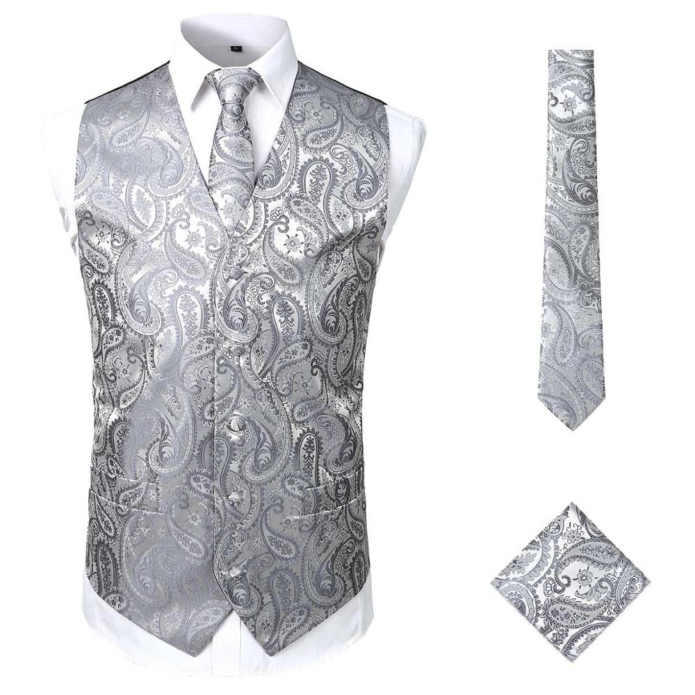 Bruiloft Mannen Vest Set (Vest + Stropdas + Pocket) 3 Pcs Mannen Gilet Paisley Bloemen Vest Mannen Party Casual Slim Fit Heren Pak Vesten Usa: silver / USA S