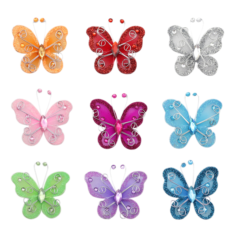 10 sztuk 2 &quot;Organza siatka nylonowa motyle z drutu i dżetów brokat na dekoracje ślubne księga gości Home Decor Party