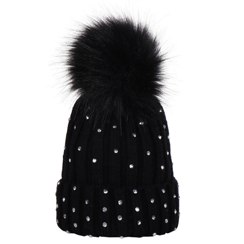 Style Girl Crystal Winter Warm Knit Beanie Hat Kid Cap Knitting Wool Patchwork With Ball: Black