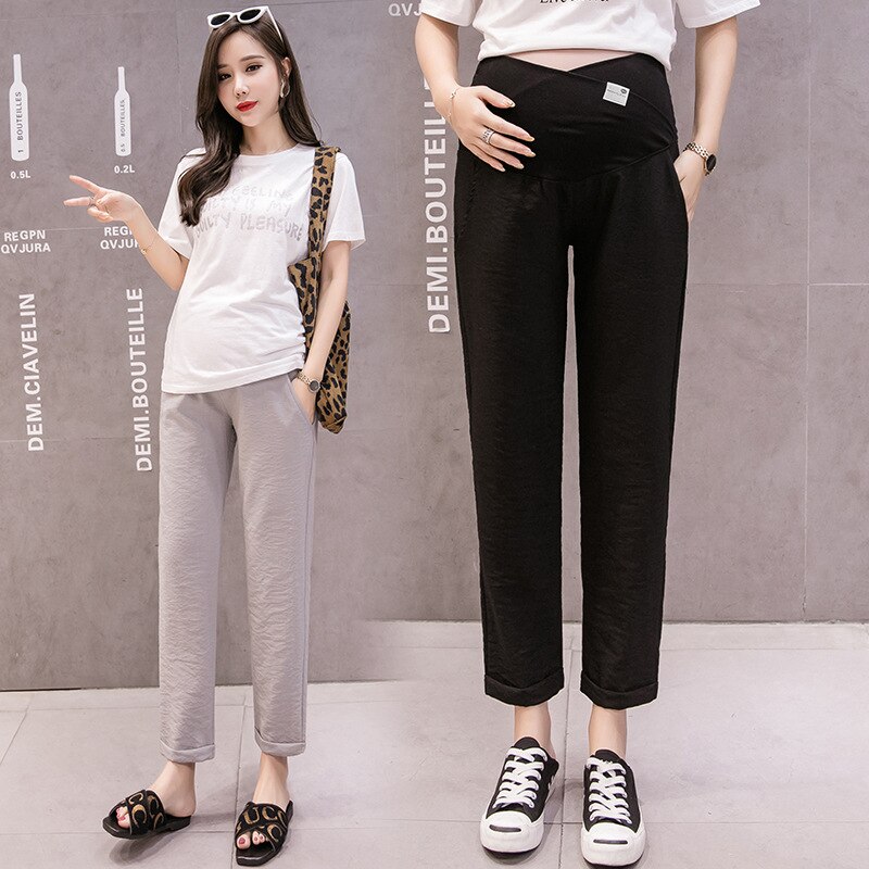 Popular Casual Pregnant Women Loose Pants Maternity Adjustable Trousers Black Grey Pink Waist