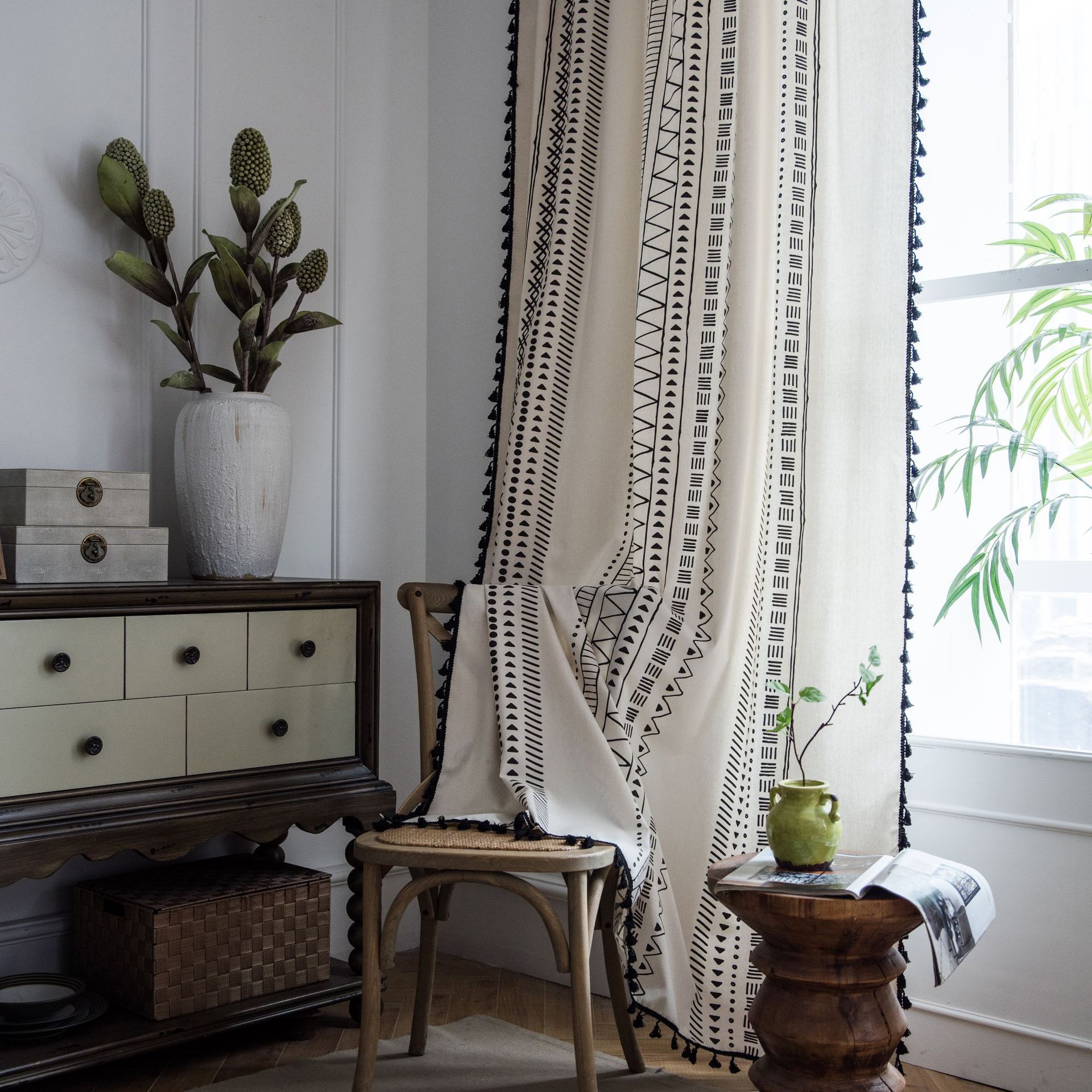 Rideaux de Style bohème avec pompon, en coton et imprimé, rideau pour fenêtre, baie vitrée, rideau de maison, cuisine, salon et chambre à coucher, 5 tailles