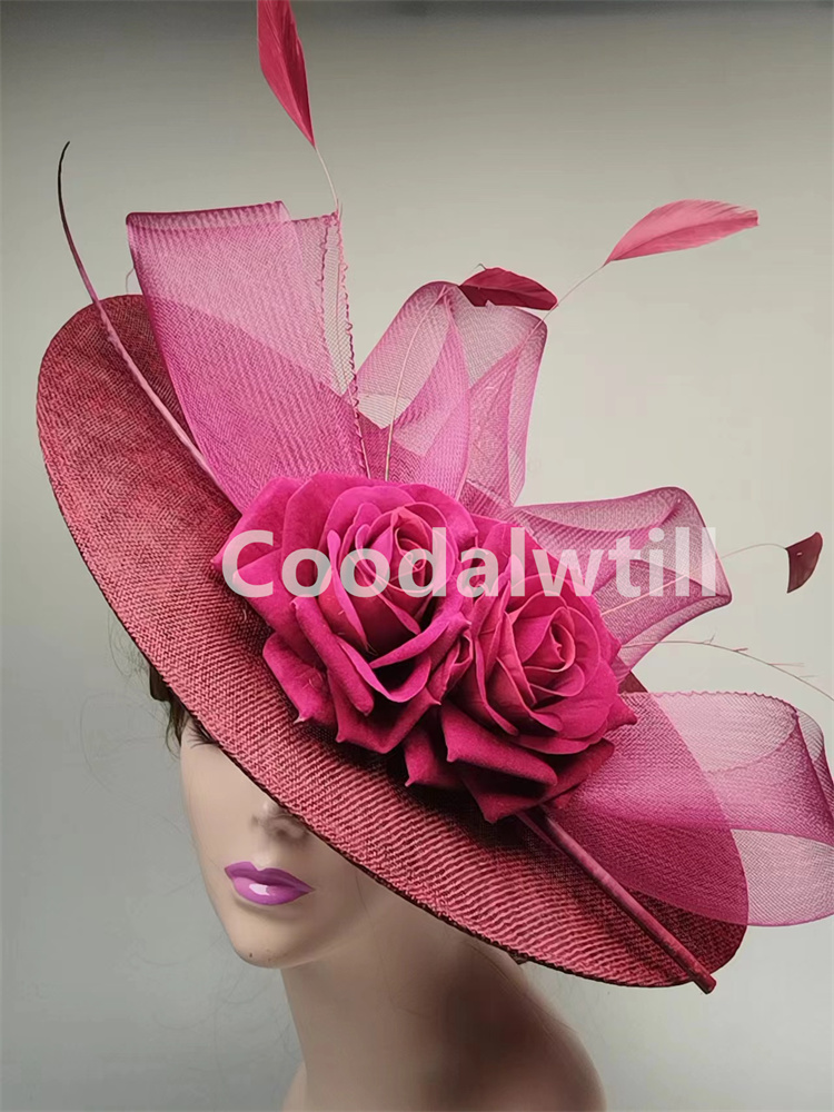 Grote Bloem Fascinators Hoed Hoofddeksel Vrouwen Kentucky Kerk Hoeden Dames Derby Veer Pillendoos Fascinator Hoeden: Wijn Rood